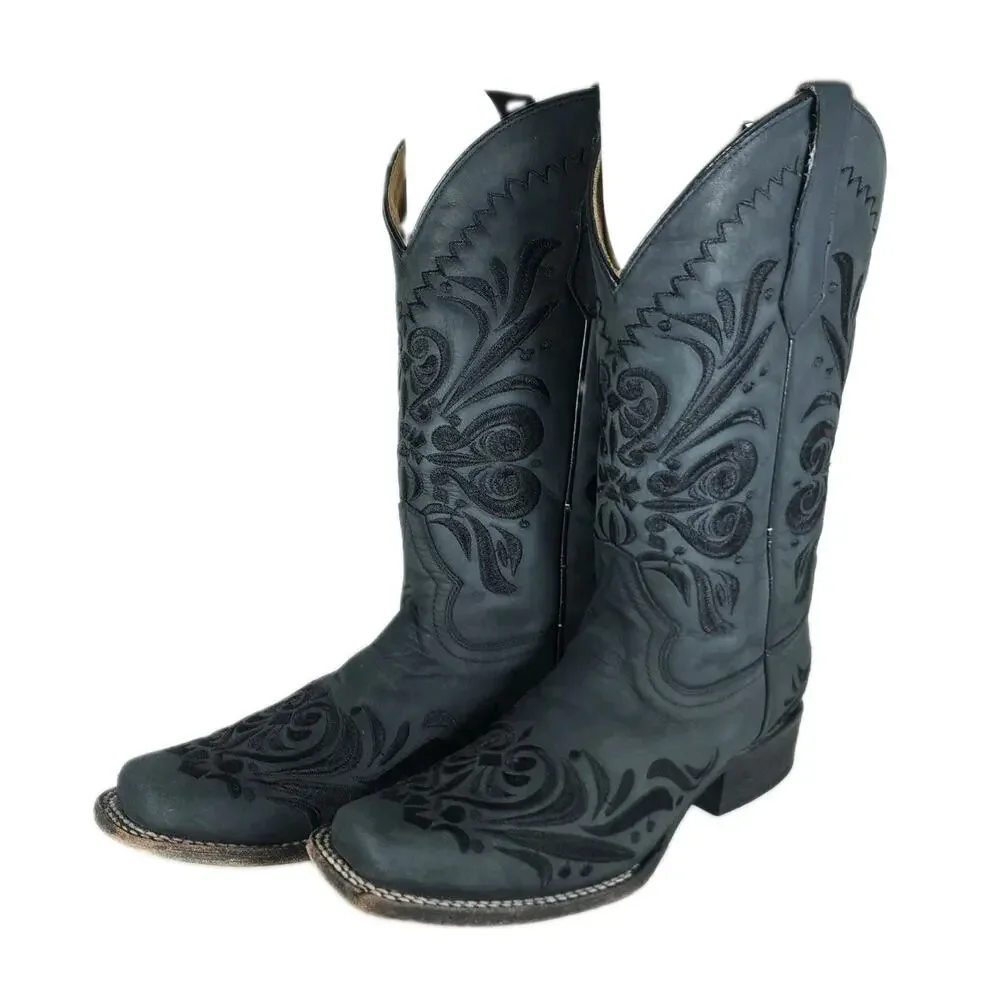 CORRAL Circle G Women’s US9M Black Distressed Leather Square Toe Western Boots